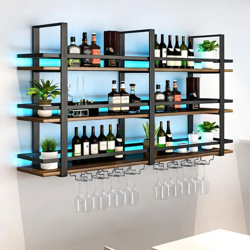 Vista 9 de Estante para vino montado en la pared con luces LED, estantes flotantes de 3 niveles de licor de metal, con estante para copas de vino, estante