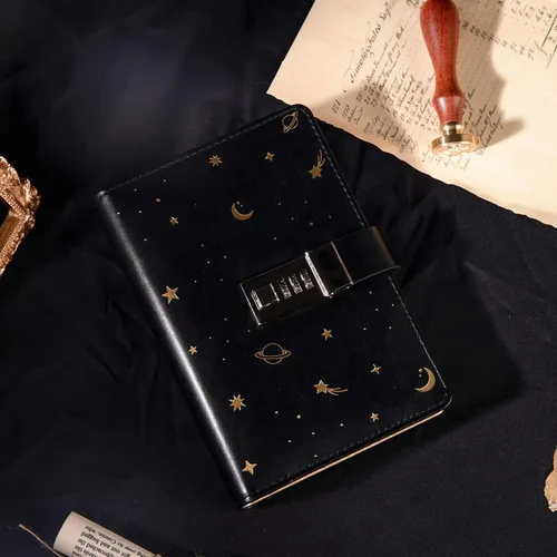 Vista 7 de TIEFOSSI Diario de cuero estrellado con cerradura, carpeta de papel recargable, diario de contraseña, cuaderno secreto A6 de tapa dura para mujeres