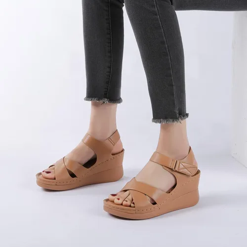 Vista 3 de Sandalias de cuña para mujer, con plataforma ajustable, correa de tobillo, sandalias cómodas con puntera abierta