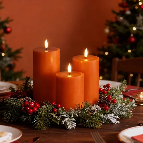 Vista 7 de Juego de 3 velas de pilar sin llama con control remoto, color naranja quemado para Halloween Velas LED parpadeantes de cera, decoraciones