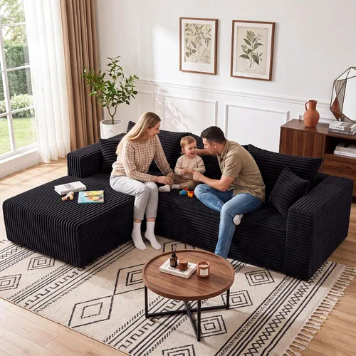 Vista 3 de Sofá modular en forma de L para sala de estar, sofá modular sin huesos con diván, sofá de pana con asiento profundo, no requiere montaje, negro