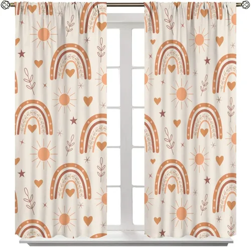 Vista 8 de Cortinas bohemias con diseño de arco iris, hermoso diseño de estrellas de durazno marrón y arcoíris, para dormitorio de niños y niñas, sala