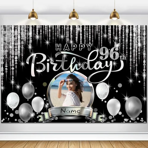 Vista 30 de Cartel de decoración de feliz cumpleaños número 100 personalizado - Personalización disponible - Negro y plateado - Tamaño grande - Admite fotos