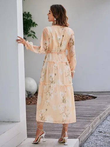 Vista 4 de Amegoya - Vestido largo casual de manga corta con cuello en V para mujer, diseño floral, estilo bohemio, para la playa, sesión de fotos, con volantes