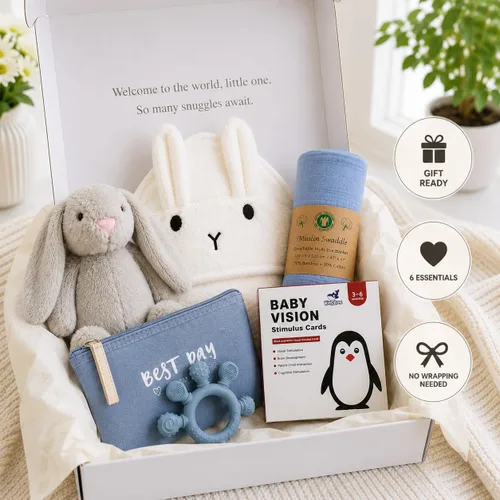 Vista 2 de Juego de cestas de regalo para bebé con adorables artículos esenciales para recién nacidos para bebé niña y niño, cestas de regalo de calidad