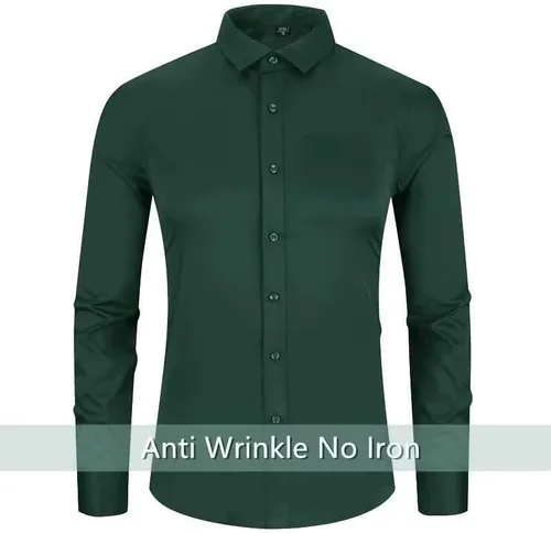 Vista 3 de HUUTOE Camisas de vestir para hombre, manga larga, ajuste regular, color sólido, elástico, para negocios, boda, graduación, camisa grande y alta