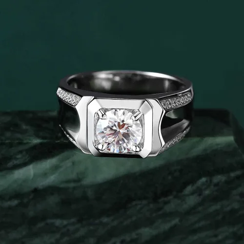 Vista 2 de SweetJew Anillo de boda de moissanita para hombre, plata de ley 925, 2cttw D, color VVS1, claridad brillante, corte redondo, anillos de promesa