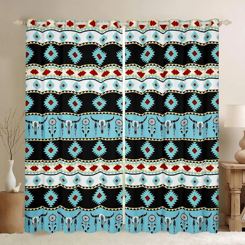 Vista 13 de Cortinas opacas estilo bohemio occidental de 76 x 45 pulgadas, cortinas y cortinas de atrapasueños de vaca, cortinas del suroeste, cortinas de Multi