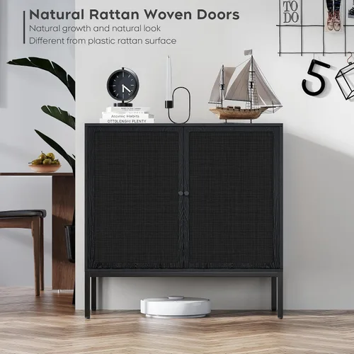 Vista 3 de Brafab Aparador negro con puertas decoradas de ratán natural, 31.5 pulgadas de ancho, armario de almacenamiento de ratán Credenza, gabinete bohemio