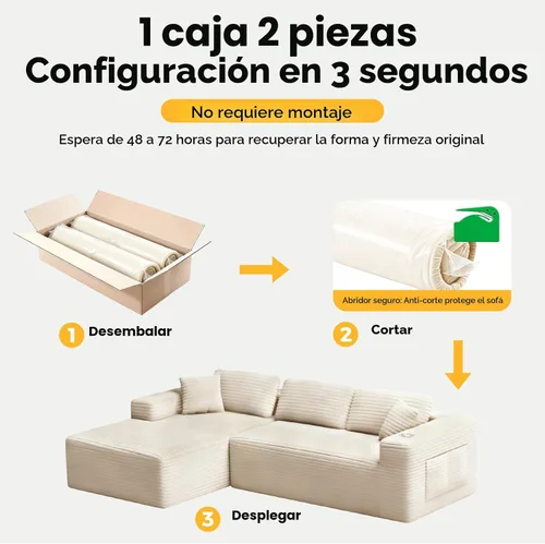 Vista 3 de CAMMOO Sofá seccional modular Cloud de 108 pulgadas en una caja, sofá seccional modular comprimido con asiento profundo, sofás de pana sin Beige