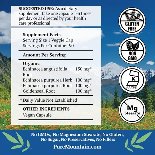 Vista 4 de Pure Mountain Botanicals Cápsulas de sello de oro de equinácea – 450 mg de complejo orgánico de raíz de equinácea y sello de oro – 90 cápsulas