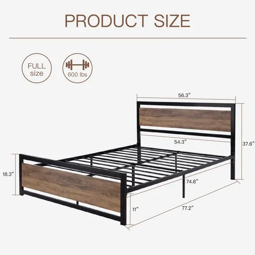 Vista 2 de ikalido Base de cama de plataforma de metal completo con cabecero y estribo de madera, soportes fuertes de metal resistente, base de colchón,