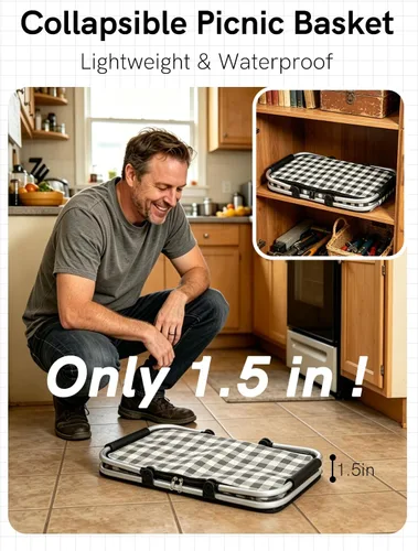Vista 6 de Cesta de picnic aislada, bolsa enfriadora plegable, cesta de comestibles de 32 litros con tapa, 2 asas resistentes, cesta de almacenamiento