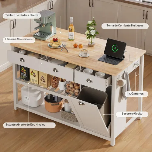 Vista 4 de ONBRILL Isla de cocina de 59 pulgadas con almacenamiento, mesa de madera maciza de goma