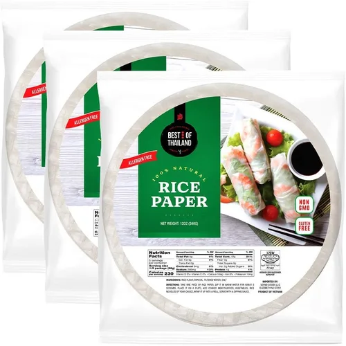 Vista 12 de Best of Thailand [Redonda] Envolturas de papel de arroz integral 1 paquete Perfectas para rollitos de primavera frescos y dumplings Sin OGM, sin