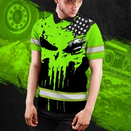 Vista 7 de Maddly Polo de alta visibilidad con diseño de calavera y bandera de Estados Unidos, ropa de trabajo patriótica con nombre personalizado
