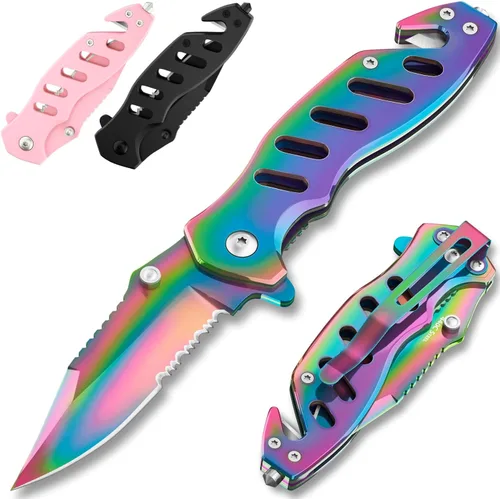 Vista 10 de Cuchillo táctico legal para hombres y mujeres - Hoja serrada de 2.68 pulgadas - Pequeños cuchillos de bolsillo negros con rompecristales y cortador