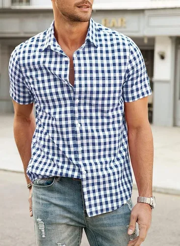 Vista 4 de JMIERR Camisas casuales con botones para hombre, de manga corta, 100% algodón, a cuadros para hombre
