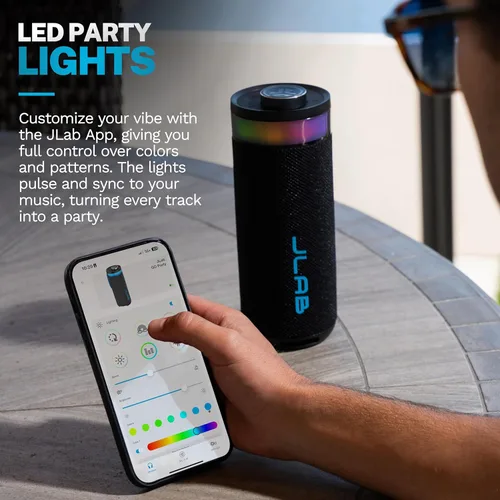 Vista 3 de JLab Go Party - Altavoz Bluetooth portátil, color negro medianoche, 10 vatios de potencia, más de 16 horas de reproducción, impermeabilización IP56