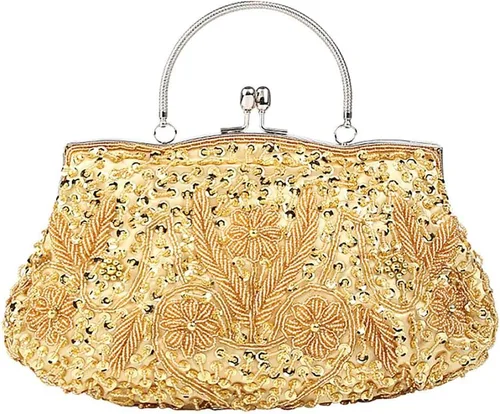 Vista 6 de Bolso de mano de noche con cuentas vintage para mujer, diseño vintage, con lentejuelas, con asa superior, para fiesta, boda, monedero, Oro
