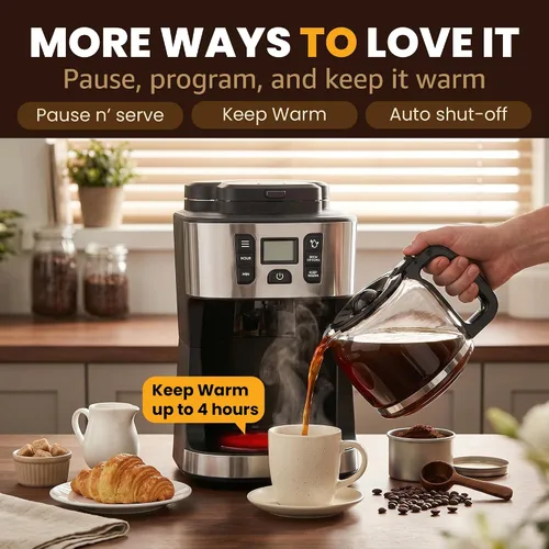 Vista 6 de Elite Gourmet Cafetera de 12 tazas con molinillo integrado, niveles gruesos Acero inoxidable y negro
