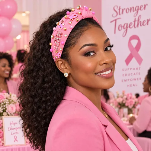 Vista 8 de Diadema rosa con lazo de esperanza de cristal y perla, diadema anudada para concientización sobre el cáncer de mama, accesorios para el cabello