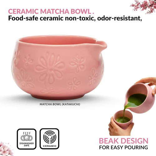 Vista 2 de Juego de batidor Matcha – Kit de inicio de matcha tradicional japonés con cuenco, batidor de bambú y tamiz Juego completo de ceremonia de té Rosa