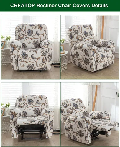 Vista 3 de CRFATOP Funda elástica para sillón reclinable, 4 piezas, fundas impresas para silla reclinable de 1 asiento, colección Fallon, protector de muebles