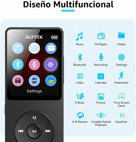 Vista 3 de AGPTEK Reproductor MP3 A02 con Bluetooth 5.3, pantalla de 1.8 pulgadas, reproductor de música portátil con altavoz, radio FM, grabadora de voz Negro