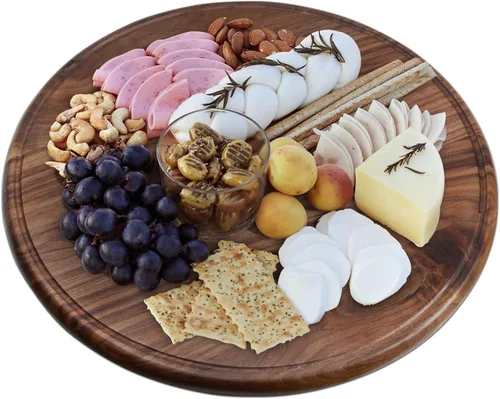 Vista 3 de Tabla de cortar redonda de madera de nogal de 18 pulgadas para cocina, tabla de cortar de madera con ranuras de jugo