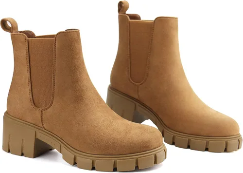 Vista 18 de starmerx Botines de plataforma para mujer, botas Chelsea elásticas, tacón medio, botines sin cordones