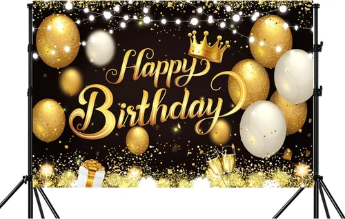 Vista 2 de 180x120 cm Telón de Fondo de Cumpleaños Negro y Dorado de 71x47 Pulg. Telones de Fondo de Cumpleaños de Brillo Negro y Dorado Telones de Fondo
