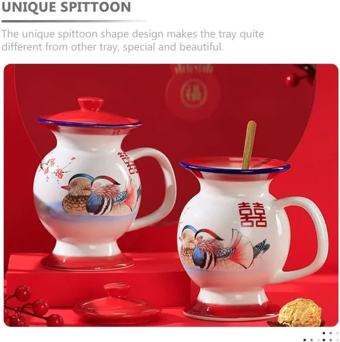 Vista 6 de SHERCHPRY Tazas de leche de cerámica, Taza en forma de escupitón con tapa, Tazas de broma, Tazas chinas retro de porcelana, Tazas de agua