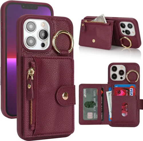 Vista 28 de Funda para iPhone 14 Plus con tarjetero, color negro Funda con cremallera y ranura para mujer y hombre