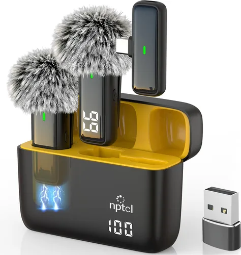 Vista 11 de NPTCL 2 en 1 Micrófono de solapa Lavalier inalámbrico para iPhone iPad Android Noise Canceling Clip Mic, LED Charge Display, 70Ft Transmission, 24