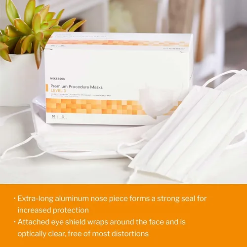 Vista 6 de McKesson Mascarillas de procedimiento premium, nivel 3 con protectores para los ojos, desechables, plisadas con cintas elásticas para las orejas,