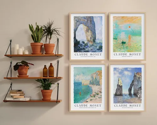 Vista 3 de Claude Monet - Juego de 4 pinturas de Monet junto al mar, pinturas coloridas y vibrantes para decoración de habitaciones/impresiones de Monet, arte