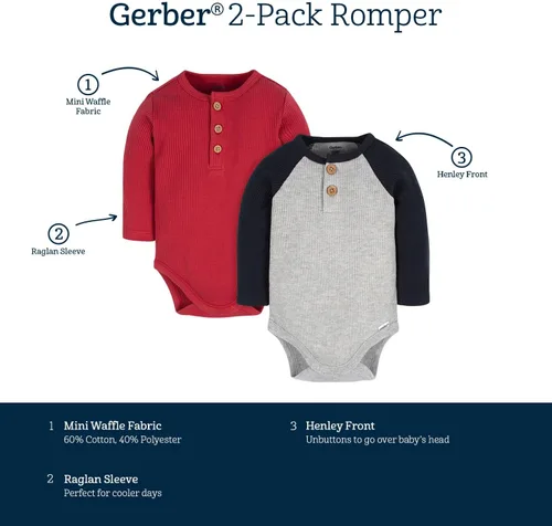 Vista 6 de Gerber Paquete de 2 mamelucos Henley de manga larga para bebé niño