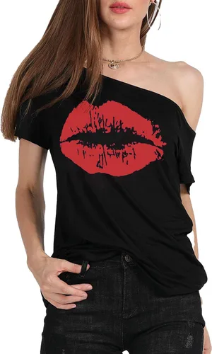 Vista 6 de MAGICMK - Camiseta casual para mujer, con estampado de labios y hombro descubierto, talla extragrande
