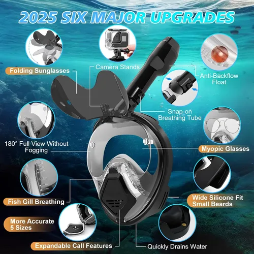 Vista 2 de Devilfish Full Face Snorkel Mask Adults, Dry Top System Snorkeling Set with Foldable Sunglasses, 180 Degree Panoramic View Snorkel Gear, Scuba