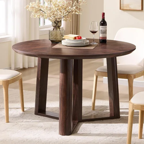 Vista 8 de OKD Mesa de comedor de 47 pulgadas para 4-6, mesa de comedor redonda con estructura triangular, base estable de pedestal, borde de mesa curvado