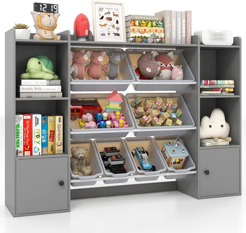 Vista 10 de Costzon Organizador de almacenamiento de juguetes para niños con 8 contenedores, estantería de madera para niños pequeños con estantes abiertos