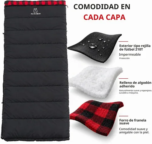 Vista 3 de PO PO BEAR 0 Degree Sleeping Bag for Adults, 84" x 40" Big & Tall Cold Weather Sleeping Bag with Soft Flannel Lining Negro