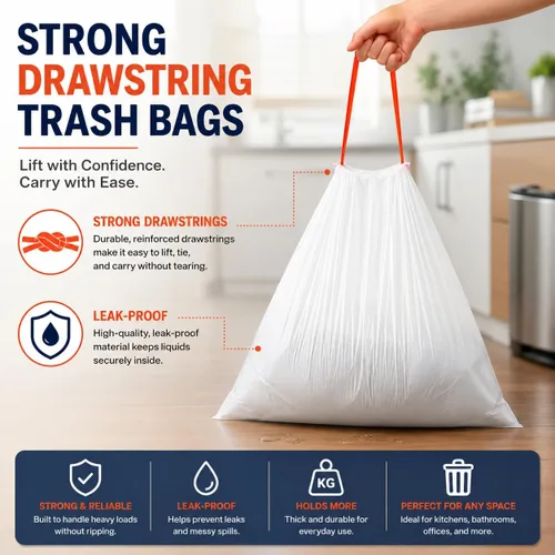 Vista 5 de Bolsas de basura pequeñas con cordón blanco de 1.2 galones (240 bolsas), código A, 4.5 litros, bolsas de basura para baño, bolsas de basura de 1