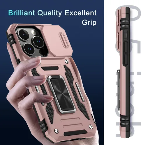 Vista 15 de DEERLAMN Funda para iPhone Xs Max con funda deslizante para cámara + protector de pantalla, soporte giratorio de anillo de grado militar a prueba
