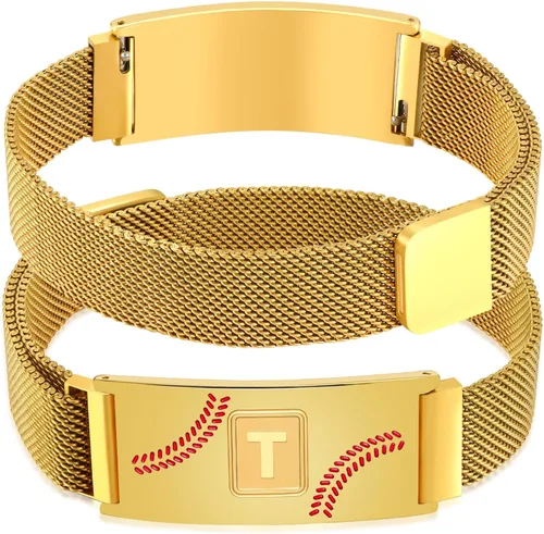 Vista 70 de Fervia Regalos de graduación de Pascua para hombres, pulsera con inicial de béisbol, color negro, plateado, dorado, acero inoxidable, pulseras
