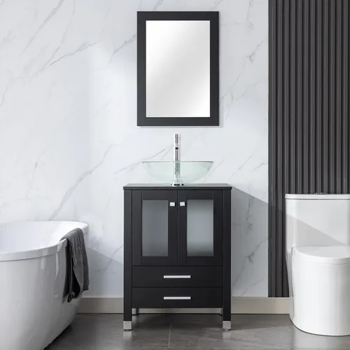 Vista 8 de LUCKWIND Combinación de tocador de baño de 24 pulgadas con lavabo, serie elegante con marco pintado, armario de almacenamiento de baño de dos