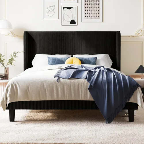 Vista 3 de Allewie Marco de cama tamaño completo con cabecera tapizada tipo wingback, cama plataforma de terciopelo de pana con capitoné de canales verticales