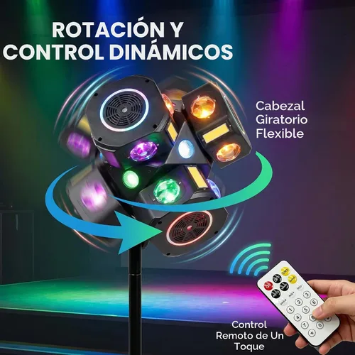 Vista 3 de Luz de escenario de cabeza móvil de 3 cabezales con soporte, luces LED de DJ con soporte de montaje, efecto estroboscópico RGBW DMX512 luces