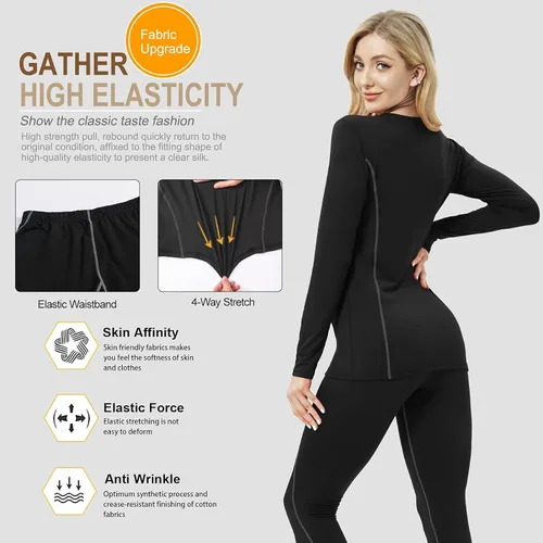 Vista 4 de MeetHoo Ropa interior térmica para mujer, conjunto de compresión de capa base cálida para invierno, forro polar, pantalones largos para correr
